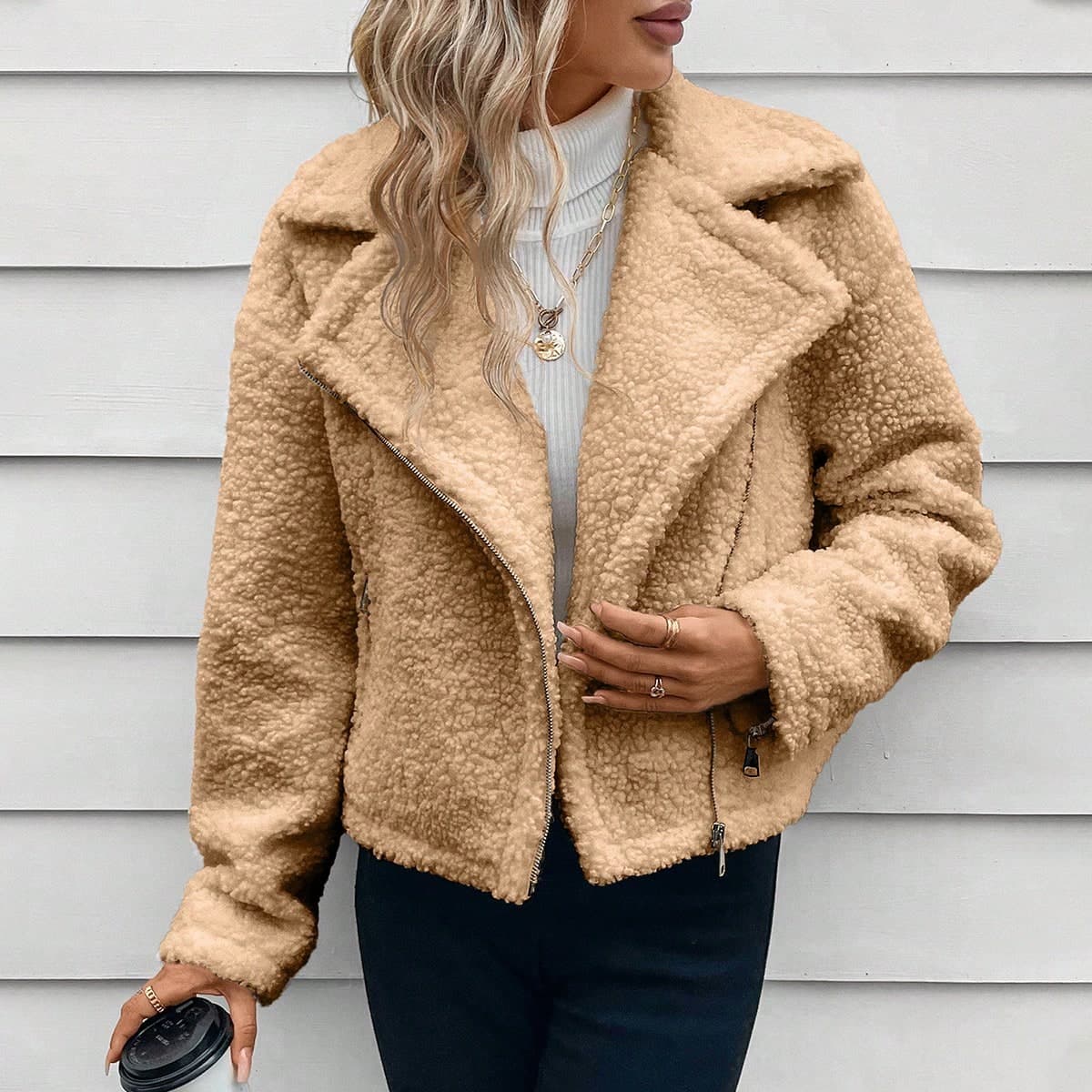 Perfecto Col Ã€ Revers ZippÃ© En Tissu Duveteux