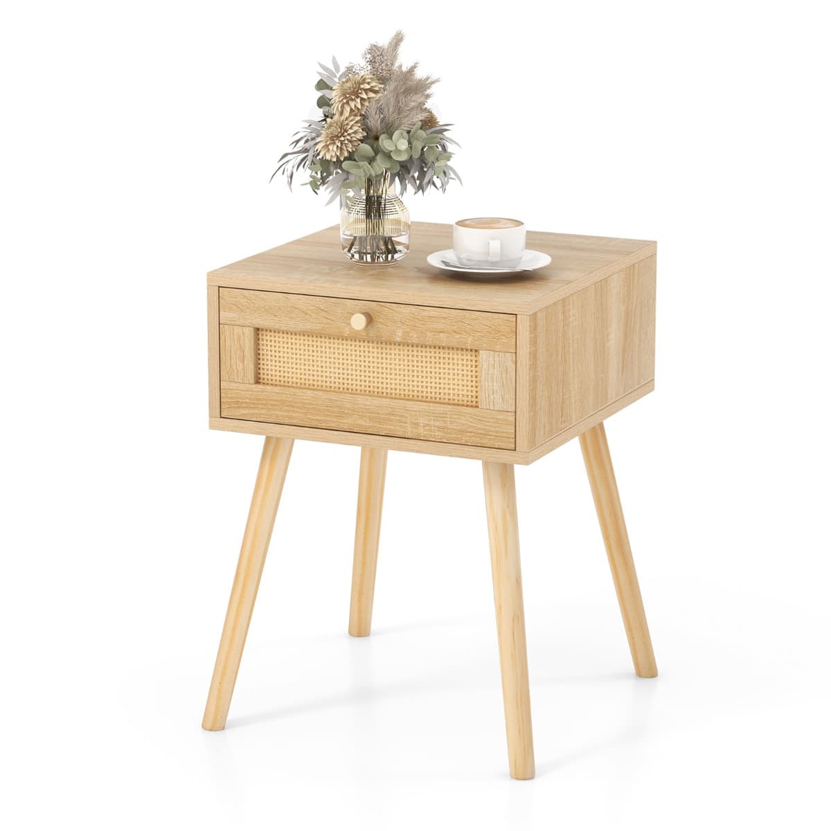 CostwayTable de Chevet en Rotin Table de Nuit Bois avec Tiroir et 4 Pieds en Pin Chevet de Lit pour Chambre Salon Style Naturel 40 x 40 x 55 cm